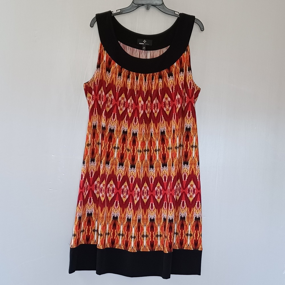 Ronni Nicole Womens 18W Ikat Print Sleeveless Shift Dress Red Orange Black 50838